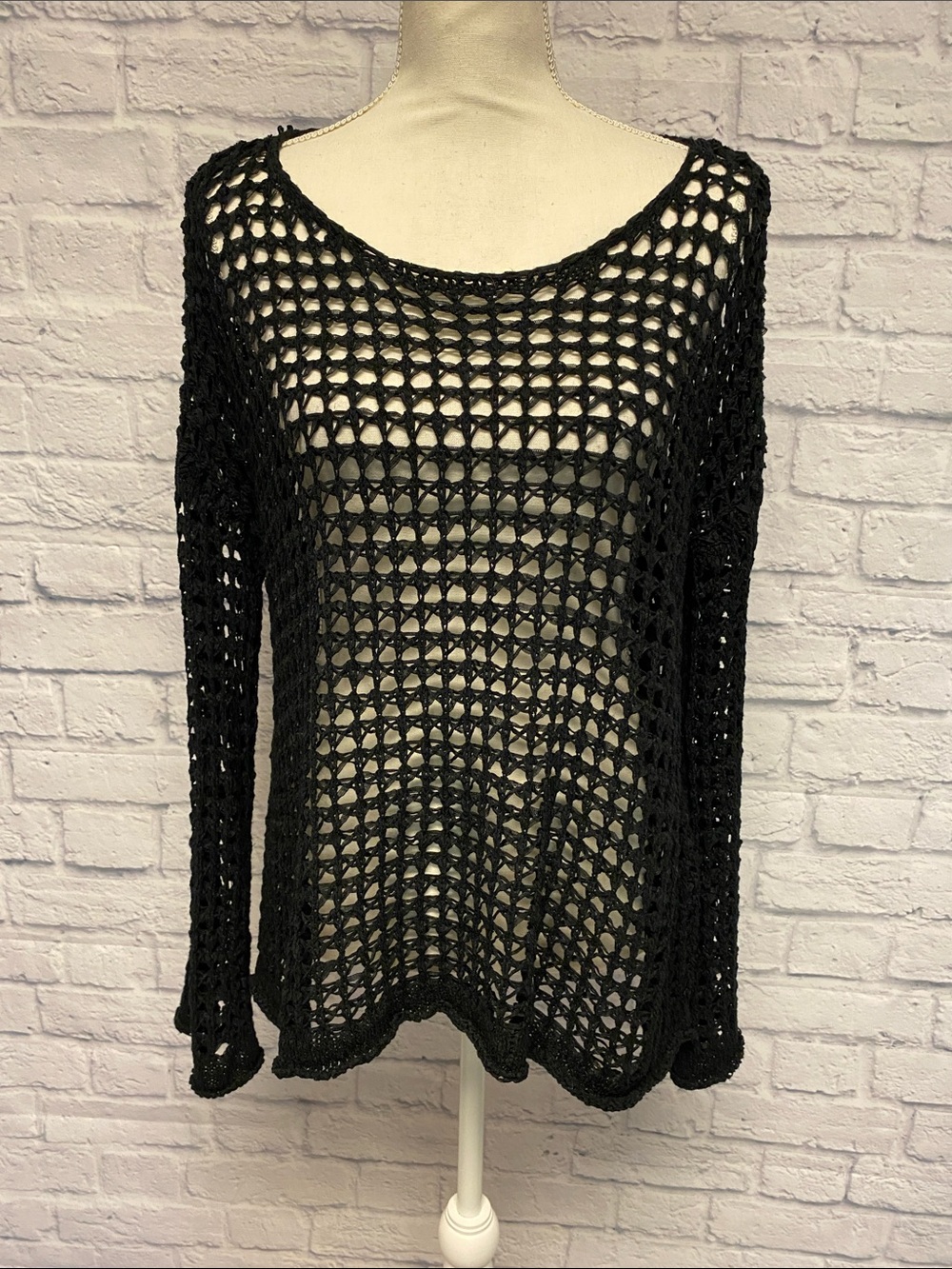 Vici Black Open-Weave Crochet Pullover Oversized Dolman Sweater Size S/M